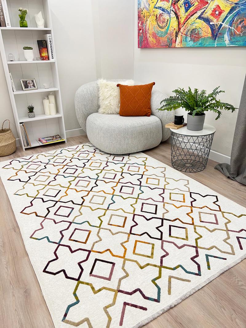 Moretti İklim Modern Kabartma Desenli Beyaz Multi Kilim K-208