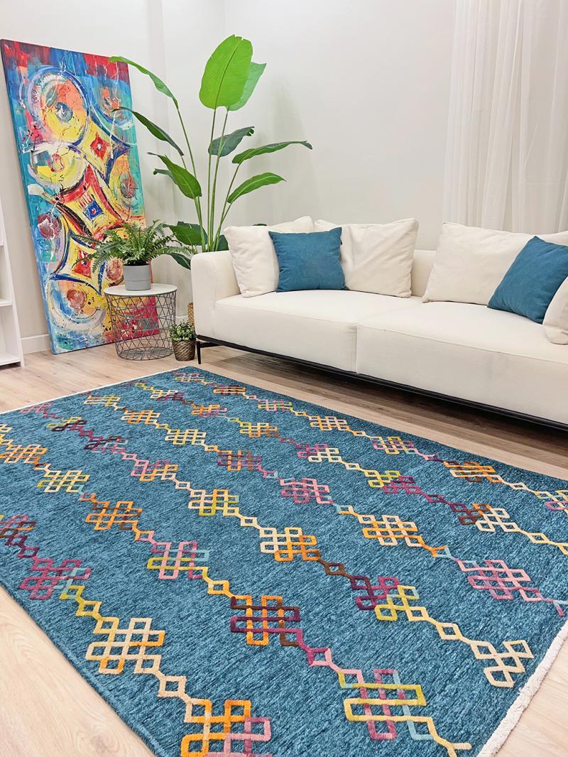 Moretti İklim Modern Kabartma Desenli Mavi Multi Kilim SP-602