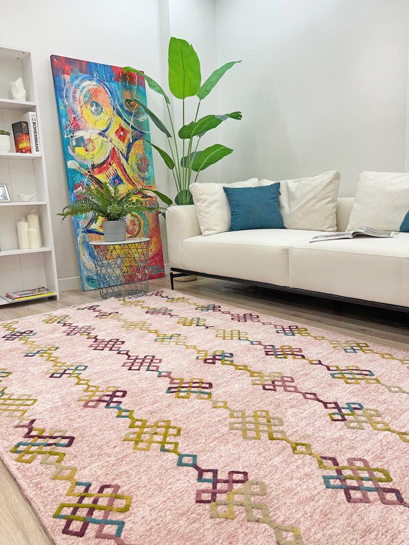 Moretti İklim Modern Kabartma Desenli Pembe Multi Kilim SP-602